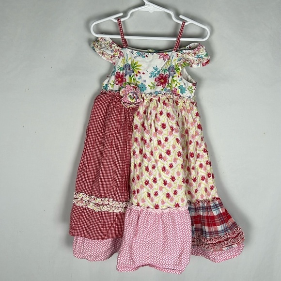 Lydia Jane Red Gingham Floral Patchwork Off the Shoulder Apron Dress -Size 5 - Picture 1 of 6